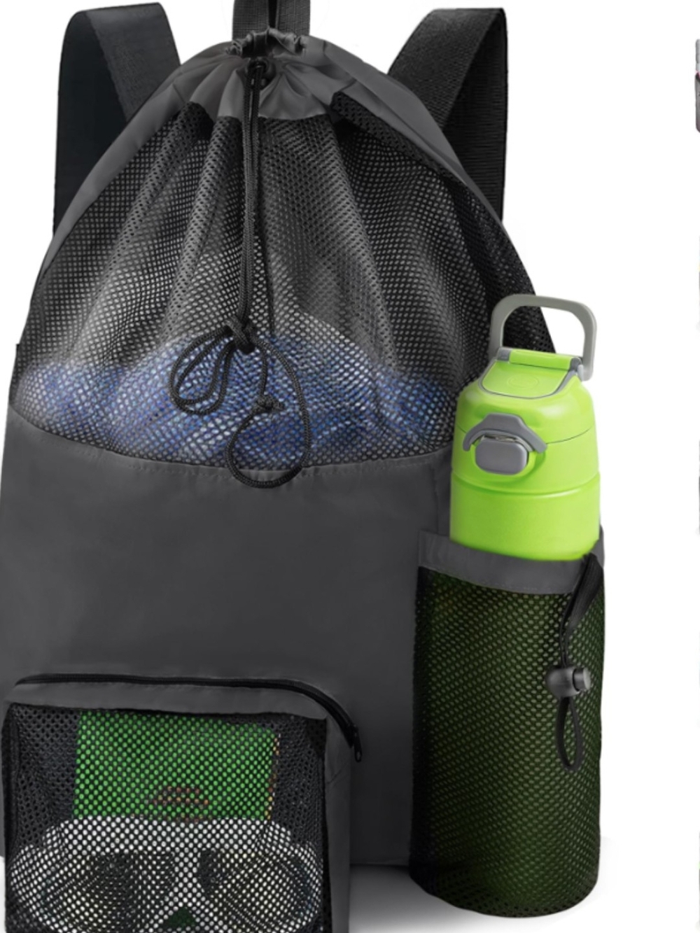 Black Mesh Drawstring Sports Backpack with Side Bottle Pocket